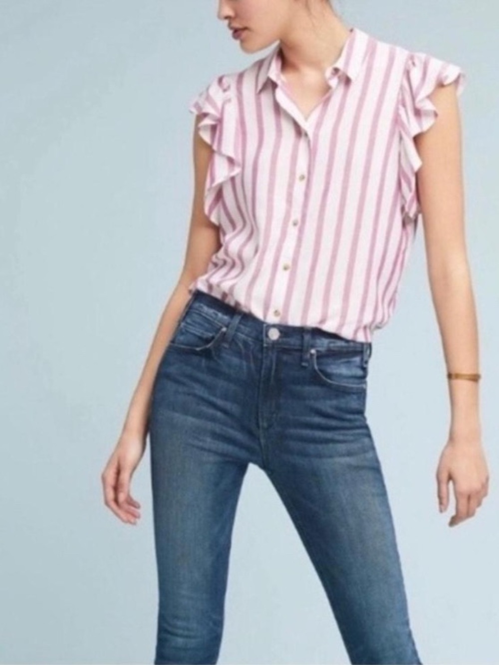 Maeve Anthropologie Fairhope Striped Ruffle Sleeve Button-Front Shirt, XS